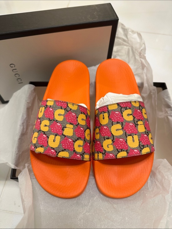 Gucci Shoes - Gucci girls Orange Slides with Yellow & Pink Strawberry Print